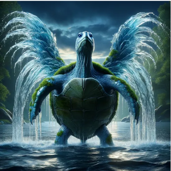 A turtle standing in a dark lake, moss on its shell, wings made of sheets of falling water.