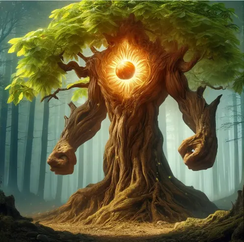 An enormous tree-creature with a warm sun caught glowing in its canopy and roots for feet.