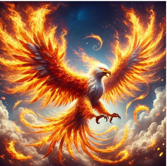 Pyrelle, a phoenix whose wings are streaming fire, rising with wings spread against a smoke-blue sky.